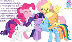 Size: 500x294 | Tagged: safe, imported from derpibooru, applejack, fluttershy, pinkie pie, rainbow dash, rarity, twilight sparkle, magical mystery cure, canterlot, diverse-mlp-headcanons, eyes closed, grin, headcanon, hug, jew, judaism, mane six, ponyville, smiling