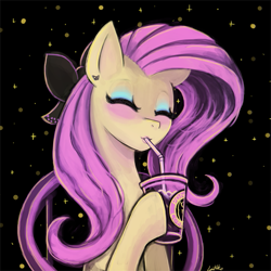 Size: 675x675 | Tagged: safe, artist:lumineko, imported from derpibooru, fluttershy, coffee, eyeshadow, female, iced coffee, makeup, solo