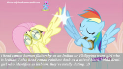 Size: 500x281 | Tagged: safe, edit, edited screencap, imported from derpibooru, screencap, fluttershy, rainbow dash, caption, diverse-mlp-headcanons, female, flutterdash, headcanon, image macro, indian, lesbian, meme, shipping, transgender, trollbait