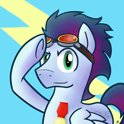 Size: 800x800 | Tagged: safe, artist:invertigo, imported from derpibooru, soarin', badge, goggles, male, medal, old cutie mark, salute, solo