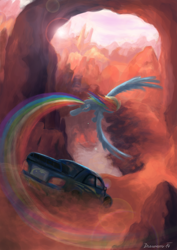 Size: 900x1273 | Tagged: safe, artist:drawirm, imported from derpibooru, rainbow dash, car, female, flying, race, racecar, racing, rainbow trail, solo, subaru, subaru impreza, trail