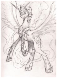 Size: 1024x1408 | Tagged: safe, artist:protozerg, imported from derpibooru, nightmare moon, female, monochrome, solo, traditional art