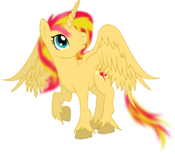 Size: 3411x3000 | Tagged: safe, artist:theshadowstone, imported from derpibooru, sunset shimmer, alicorn, pony, alicornified, female, looking up, race swap, raised hoof, shimmercorn, smiling, solo, spread wings, unshorn fetlocks