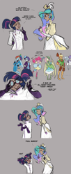 Size: 900x2208 | Tagged: safe, artist:egophiliac, imported from derpibooru, applejack, fluttershy, pinkie pie, princess celestia, rainbow dash, rarity, trixie, twilight sparkle, human, robot, steamquestria, arms in the air, artificial intelligence, clothes, comic, dialogue, dress, eyes closed, eyeshadow, gloves, goggles, hand on hip, hat, humanized, inconvenient trixie, lab coat, mad scientist, makeup, mane six, open mouth, pony coloring, scientist, smiling, steampunk, text, woonoggles, yay