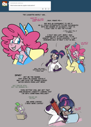 Size: 1100x1534 | Tagged: safe, artist:egophiliac, imported from derpibooru, pinkie pie, spike, twilight sparkle, human, robot, steamquestria, artificial intelligence, ask, clothes, colored pupils, comic, goggles, gray background, humanized, lab coat, mad scientist, pony coloring, scientist, sharp teeth, simple background, steampunk, tumblr