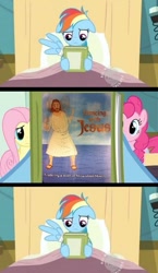 Size: 581x1000 | Tagged: safe, imported from derpibooru, rainbow dash, earth pony, pegasus, pony, book, book cover, book cover meme, exploitable meme, jesus christ, meme, reading rainbow, wat