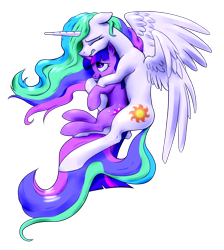 Size: 2727x3042 | Tagged: safe, artist:nadnerbd, imported from derpibooru, princess celestia, twilight sparkle, alicorn, pony, unicorn, cute, cutelestia, ears back, female, height difference, hug, lesbian, long mane, long tail, mare, momlestia, partially open wings, sad, shipping, simple background, slim, snuggling, spooning, tail, transparent background, twiabetes, twilestia, wings