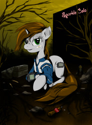 Size: 880x1200 | Tagged: dead source, safe, artist:hereticofdune, imported from derpibooru, oc, oc only, oc:littlepip, pony, unicorn, fallout equestria, clothes, cloud, cloudy, cutie mark, dead tree, fanfic, fanfic art, female, hooves, horn, jumpsuit, lying down, mare, pipbuck, prone, solo, tree, vault suit, wasteland