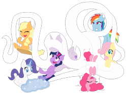 Size: 1169x870 | Tagged: safe, artist:thelunarmage, imported from derpibooru, applejack, fluttershy, pinkie pie, rainbow dash, rarity, twilight sparkle, oc, oc:mistheart, alicorn, pony, alicorn oc, filly, fun, hair, hidden eyes, magic, mane six, simple background, so awesome, transparent background