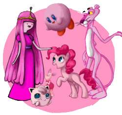 Size: 1836x1734 | Tagged: safe, artist:shirl-ame, imported from derpibooru, pinkie pie, earth pony, jigglypuff, panther, pig, pony, adventure time, crossover, gif, kirby, kirby (character), kirby (series), non-animated gif, piglet, pink, pink panther, pokémon, princess bubblegum, puffball, winnie the pooh