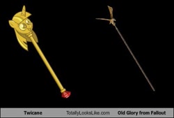 Size: 401x271 | Tagged: safe, imported from derpibooru, comparison, fallout, fallout: new vegas, lonesome road, old glory, tll, totally looks like, twilight scepter