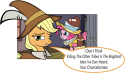 Size: 2549x1488 | Tagged: safe, artist:miroslav46, imported from derpibooru, applejack, chancellor puddinghead, pinkie pie, smart cookie, dialogue, speech bubble