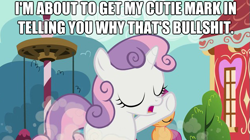 Size: 617x346 | Tagged: safe, edit, edited screencap, imported from derpibooru, screencap, scootaloo, sweetie belle, bullshit, caption, eyes closed, let me tell you why that's bullshit, open mouth, reaction image, school, vulgar