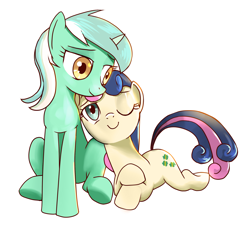 Size: 2231x2152 | Tagged: safe, artist:gashiboka, imported from derpibooru, bon bon, lyra heartstrings, sweetie drops, earth pony, pony, unicorn, female, lesbian, lyrabon, shipping, simple background, white background