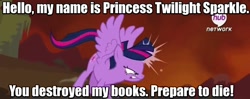 Size: 1085x428 | Tagged: safe, edit, edited screencap, imported from derpibooru, screencap, twilight sparkle, alicorn, pony, twilight's kingdom, book, female, hello, hub logo, image macro, inigo montoya, mare, meme, movie reference, my name is inigo montoya, prepare to die, solo, super saiyan princess, the princess bride, twilight sparkle (alicorn), you killed my father