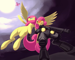 Size: 3840x3094 | Tagged: safe, artist:dimfann, imported from derpibooru, fluttershy, butterfly, armor, badass, duality, female, flutterbadass, gun, shotgun, solo