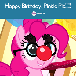 Size: 548x550 | Tagged: safe, imported from derpibooru, pinkie pie, female, grin, happy birthday, hub logo, hub network, mask, official, smiling, solo, text, the hub