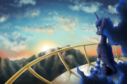 Size: 3000x2000 | Tagged: safe, artist:chickentech, imported from derpibooru, princess luna, alicorn, absurd resolution, balcony, clothes, cloud, crying, ethereal mane, female, folded wings, high res, mountain, scenery, sitting, socks, solo, striped socks, sunlight, sunrise, teary eyes, wings