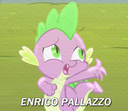 Size: 691x596 | Tagged: safe, edit, edited screencap, imported from derpibooru, screencap, spike, equestria games (episode), season 4, caption, cloudsdale anthem, enrico pallazzo, equestria games, male, reference, solo, text, the naked gun