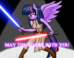 Size: 1576x1256 | Tagged: safe, artist:sonigoku, imported from derpibooru, twilight sparkle, anthro, breasts, busty twilight sparkle, cosplay, crossover, dual wield, female, fighting florentine, jedi, lightsaber, may the fourth be with you, pun, solo, star wars, twilight sparkle (alicorn)