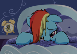 Size: 1100x783 | Tagged: safe, artist:narbarnar, imported from derpibooru, daring do, rainbow dash, alarm clock, bed, female, morning ponies, solo, tired