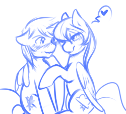 Size: 1000x900 | Tagged: safe, artist:azure-doodle, imported from derpibooru, cloud kicker, oc, oc:gyro tech, pony, unicorn, blushing, canon x oc, cloudro, female, heart, hug, looking at each other, male, mare, monochrome, shipping, sketch, smiling, stallion, straight, winghug