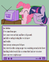 Size: 600x750 | Tagged: safe, imported from derpibooru, pinkie pie, twilight sparkle, ape, answerbag, controversial, creationism, exploitable meme, facehoof, fundies say the darndest things, laughing, meme, mixed reactions, obligatory pony, op is a duck, op is trying to start shit, religion, stupidity, text, tv meme