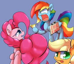 Size: 1280x1109 | Tagged: safe, artist:madacon, imported from derpibooru, applejack, pinkie pie, rainbow dash, earth pony, pegasus, pony, bell, bells, blue background, crazy face, doomsayer, female, frown, hoof hold, mare, nose wrinkle, open mouth, raised hoof, sandwich board, screaming, shrunken pupils, sign, simple background, wide eyes, worried