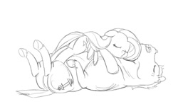 Size: 1054x620 | Tagged: safe, artist:carnifex, imported from derpibooru, bulk biceps, fluttershy, eyes closed, flutterbulk, monochrome, on back, on top, open mouth, shipping, sleeping, underhoof