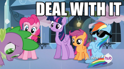 Size: 1920x1080 | Tagged: safe, imported from derpibooru, screencap, pinkie pie, rainbow dash, scootaloo, spike, twilight sparkle, alicorn, pony, equestria games (episode), deal with it, female, hub logo, mare, meme, sunglasses, twilight sparkle (alicorn)