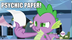 Size: 1920x1080 | Tagged: safe, imported from derpibooru, screencap, spike, equestria games (episode), equestria games, hub logo, male, meme, psychic paper, solo