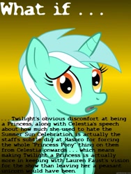 Size: 625x833 | Tagged: safe, imported from derpibooru, lyra heartstrings, princess celestia, twilight sparkle, alicorn, pony, alicorn drama, conspiracy lyra, drama, exploitable meme, female, image macro, meme, op is a duck, solo, summer sun celebration, tl;dr, twilight sparkle (alicorn), what if