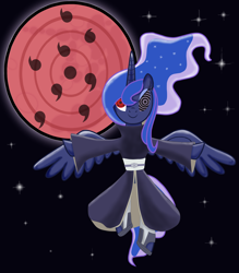 Size: 3500x4000 | Tagged: safe, artist:aj0joe, imported from derpibooru, princess luna, blood moon, crossover, dojutsu, female, infinite tsukuyomi, moon, naruto, rinnegan, sharingan, solo, uchiha obito