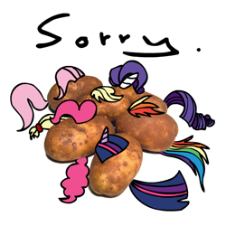 Size: 600x600 | Tagged: safe, artist:yooyfull, imported from derpibooru, applejack, fluttershy, pinkie pie, rainbow dash, rarity, twilight sparkle, horn, kallisti, mane, my little x, objectification, potato, rainbow dash is a potato, simple background, sorry, tail, text, wat, white background