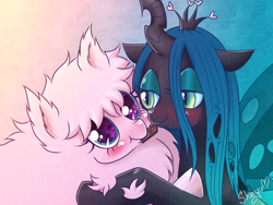 Size: 1600x1200 | Tagged: safe, artist:nyako-shoyu, imported from derpibooru, queen chrysalis, oc, oc:fluffle puff, blushing, chocolate, chrysipuff, female, lesbian, looking at each other, shipping
