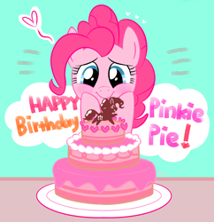 Size: 1140x1180 | Tagged: safe, artist:dyql11, imported from derpibooru, pinkie pie, birthday, blushing, cake, cute, diapinkes, female, floating heart, happy birthday, heart, pinkie pie's birthday, pixiv, solo