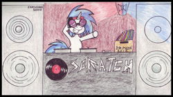 Size: 920x514 | Tagged: safe, artist:drpain, imported from derpibooru, dj pon-3, vinyl scratch, unicorn, disc jockey, female, music, rave, record, solo, traditional art, turntable, wub