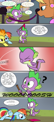 Size: 1700x3800 | Tagged: safe, artist:pandramodo, imported from derpibooru, ms. harshwhinny, rainbow dash, spike, spitfire, equestria games (episode), abuse, circling stars, comic, dashabuse, derp, dizzy, epic fail, equestria games, fail, knock out, knocked silly, race, rainbow derp, scene parody, slapstick, tongue out, you had one job