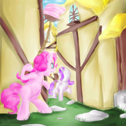 Size: 3750x3750 | Tagged: safe, artist:aquaticsun, imported from derpibooru, pinkie pie, rarity, cake, incoming prank, kallisti, prank