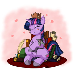 Size: 984x954 | Tagged: safe, artist:longinius, imported from derpibooru, smarty pants, twilight sparkle, pony, unicorn, adorkable, blush sticker, blushing, book, crown, cute, dork, eyes closed, female, filly, happy, heart, hug, quill, scroll, sitting, smiling, solo, throne, unshorn fetlocks