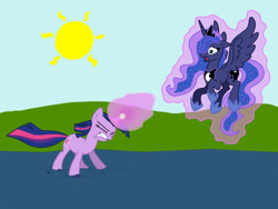 Size: 4096x3072 | Tagged: safe, artist:lordeguk, imported from derpibooru, princess luna, twilight sparkle, alicorn, pony, unicorn, duo, female, levitation, magic, mare, telekinesis