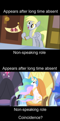 Size: 500x1000 | Tagged: safe, edit, edited screencap, imported from derpibooru, screencap, derpy hooves, princess celestia, pegasus, pony, coincidence, drama, drama bait, female, mare