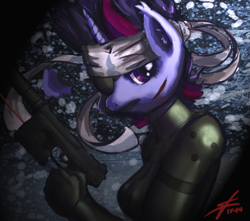 Size: 1677x1484 | Tagged: safe, artist:lima-hibiki, imported from derpibooru, twilight sparkle, anthro, catsuit, female, future twilight, gun, heckler and koch, laser sight, metal gear, mk.23 mod 0, pistol, solo, suppressor