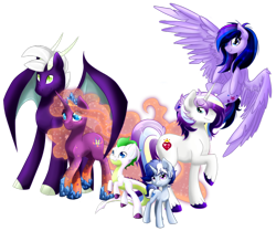 Size: 800x668 | Tagged: safe, artist:arcadianphoenix, imported from derpibooru, oc, oc only, oc:opal flare, oc:prince shining romance, oc:princess morning mist, oc:princess starlight swirl, oc:radiant aegis, oc:sapphire blitz, crystal pony, dracony, hybrid, pegasus, pony, unicorn, flying, interspecies offspring, looking at you, next generation, offspring, parent:flash sentry, parent:princess cadance, parent:princess celestia, parent:rarity, parent:shining armor, parent:spike, parent:twilight sparkle, parents:flashlight, parents:guardlestia, parents:shiningcadance, parents:sparity, raised hoof, rearing, smiling, spread wings