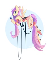 Size: 750x1065 | Tagged: safe, artist:pon-ee, imported from derpibooru, fluttershy, butterfly, robot, female, flutterbot, flying, looking at you, looking back, solo, spread wings, wires