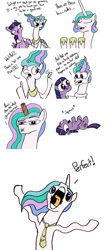 Size: 397x947 | Tagged: safe, artist:greyscaleart, imported from derpibooru, princess celestia, twilight sparkle, alicorn, pony, cardboard, comic, derp, extra legs, lowres, necktie, perfection, playing dead, random, sillestia, toilet paper roll, twilight sparkle (alicorn), uselesstia, wat