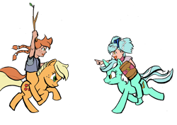 Size: 1280x905 | Tagged: artist needed, safe, edit, imported from derpibooru, applejack, lyra heartstrings, oc, oc:cinnamon cider, oc:hope, satyr, colored, filly, galloping, grin, jousting, mother and daughter, offspring, parent:applejack, parent:lyra heartstrings, pointing, riding, running, shield, smiling, stick