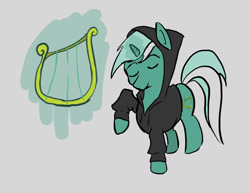 Size: 1017x786 | Tagged: safe, artist:eggrole7, imported from derpibooru, lyra heartstrings, fanfic:background pony, clothes, female, hoodie, lyre, musical instrument, solo