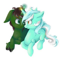 Size: 3092x2959 | Tagged: safe, artist:emiliearts, imported from derpibooru, lyra heartstrings, oc, oc:8-bit, canon x oc, couple, horns are touching