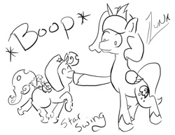 Size: 1017x786 | Tagged: safe, artist:eggrole7, imported from derpibooru, princess luna, oc, oc:star swing, changeling, boop, eyes closed, hat, monochrome, raised hoof, raised leg, smiling, ushanka